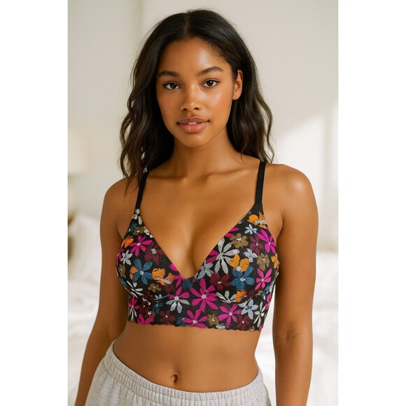 Pink By Victorias Secret Size Large Lace Bralette Push-Up Black Multi Floral - Picture 1 of 6